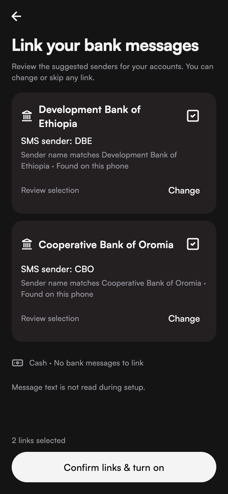 Mezgeb bank-message linking screen in dark mode