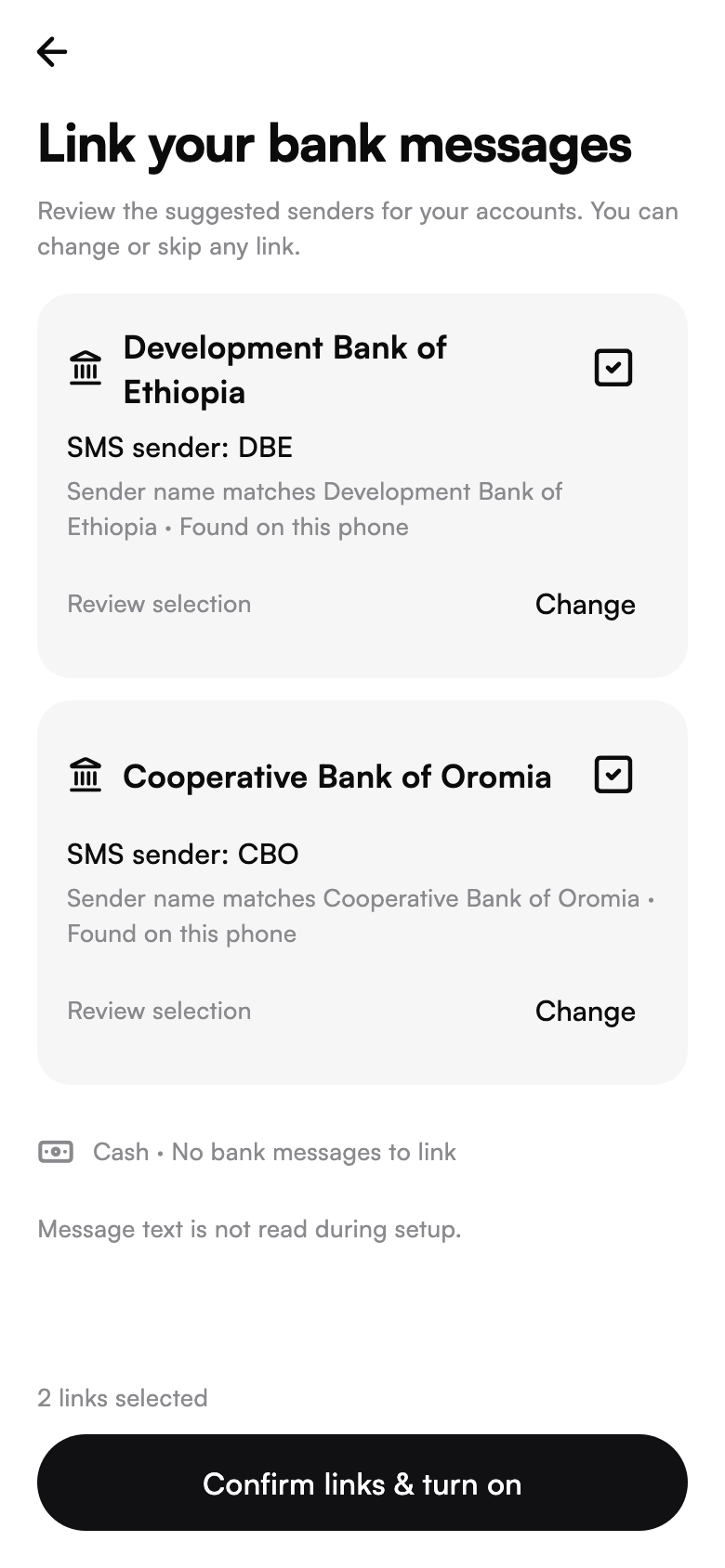 Mezgeb bank-message linking screen in light mode